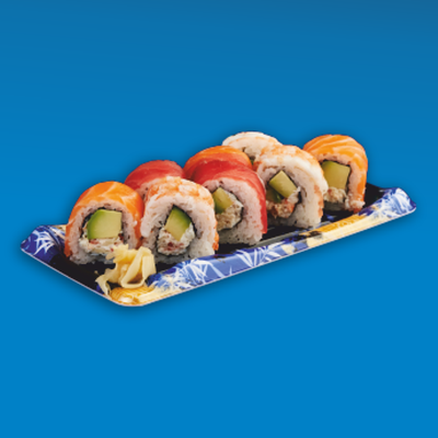 Радуга урамаки (Ролл с авокадо, крабом и тунцом, лососем, креветкой) в Yume sushi по цене 890 ₽