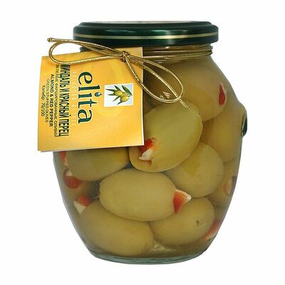 Оливки Elita зеленые фаршированные красным перцем и миндалем ст/б Греция в Азбука Вкуса Экспресс Меню по цене 590 ₽