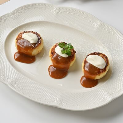 Нежные творожные сырники со сметаной и соленой карамелью в Болконский по цене 528 ₽