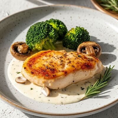 Куриная грудка с шампиньонами в сливочным соусом и брокколи фри в Банхоф по цене 595 ₽