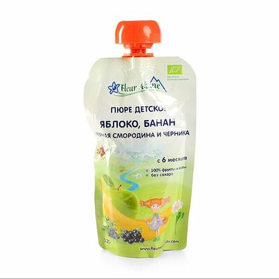 Пюре Fleur Alpine яблоко, банан, ч. смородина, черника с 6 месяцев пауч в Азбука Вкуса Экспресс Меню по цене 138 ₽