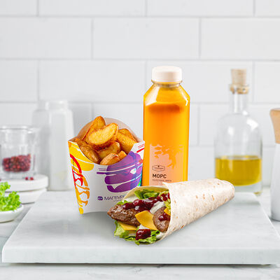 КОМБО-вишневый чиз бургер в лаваше, картошка по-деревенски, морс в Магбургер & Братья Караваевы по цене 399