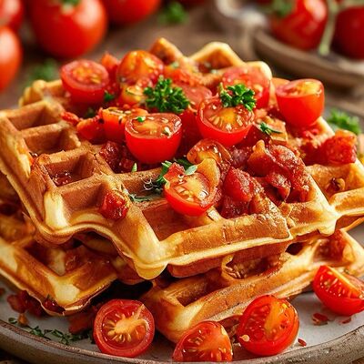 Вафли с пепперони, сыром фета, томатами черри и ароматным песто в Cafe Family по цене 690 ₽