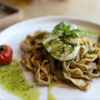 Домашние тальятелле с кремом из белых грибов и бурратой в Klaus Cafe