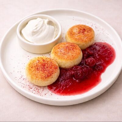 Сырники с клюквенным соусомв УГОДНИКИ по цене 468 ₽