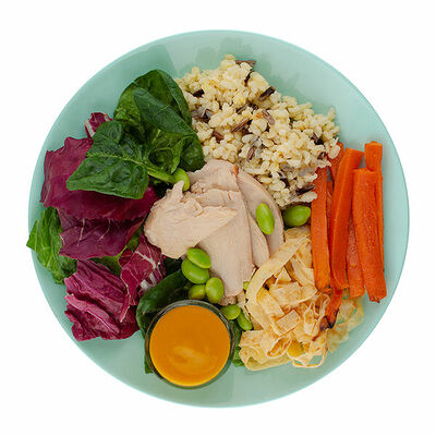 Салат с куриной грудкой конфи, нежнейшим тонким омлетом и мангово-горчичной заправкой в Азбука Вкуса Экспресс Меню по цене 295 ₽