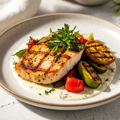 Куриная грудка с овощами на гриле и соусом Альфредо в Банхоф по цене 875 ₽