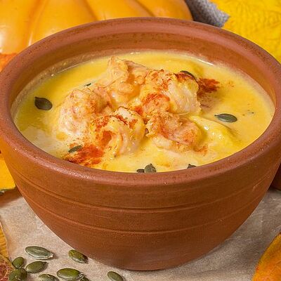 Тыквенный крем-суп с креветками на гриле в Мушмула по цене 399