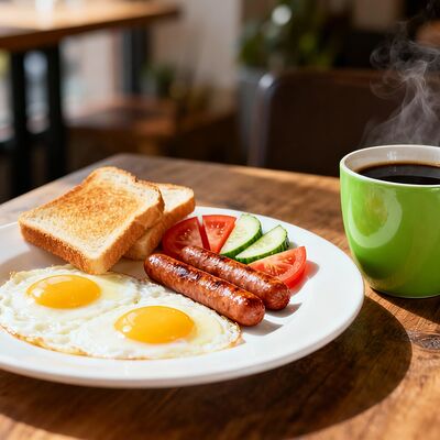 Классическая глазунья из 2 яиц с баварскими сосисками, тостовым хлебом и овощами + напиток на выбор в Travelers Coffee по цене 715 ₽