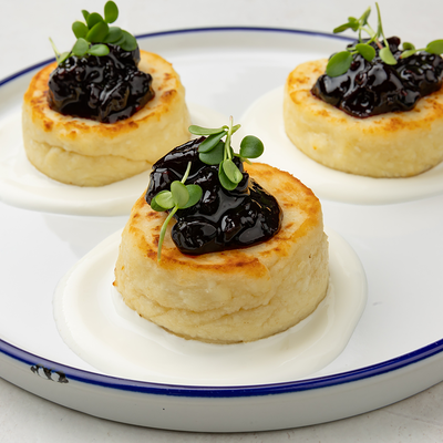 Сырники со сметаной и вареньем из черной смородины в Василек по цене 550 ₽