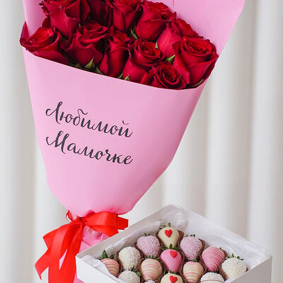 Набор клубники в шоколаде и букет красных роз #20 в SOK - клубника в шоколаде по цене 6990 ₽