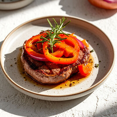 Стейк из свиной шеи со сладким перцем и красным луком в Банхоф по цене 695 ₽