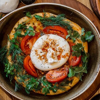 Сыр Буррата с сочными томатами на пышной лепёшке в Дади по цене 750