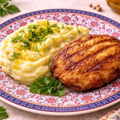 Куриная котлета с картофельным пюре в Тминъ по цене 280 ₽