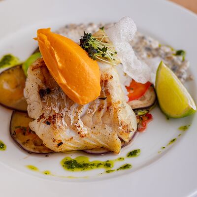 Камский судак с рисом и овощным рататуем в Мархаба Халяль по цене 984 ₽