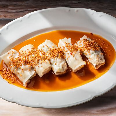 Вонтоны с креветкой, арахисовый соус в Коробок по цене 880 ₽