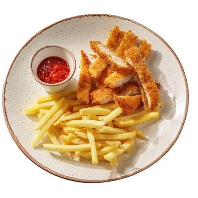 Хрустящий цыпленок с картофелем фри в Перчини на огне по цене 280