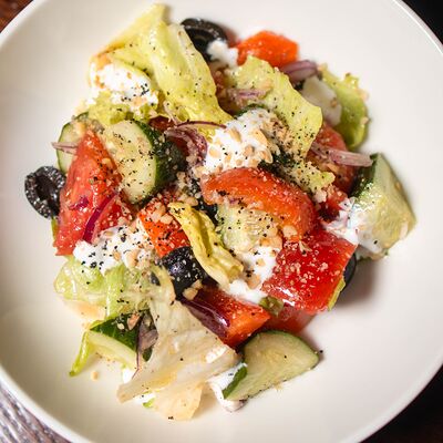 Греческий салат с муссом из феты в Old Whale pub по цене 560 ₽