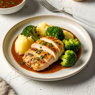 Куриная грудка с брокколи, творожным сыром и картофельным пюре в Банхоф по цене 695 ₽