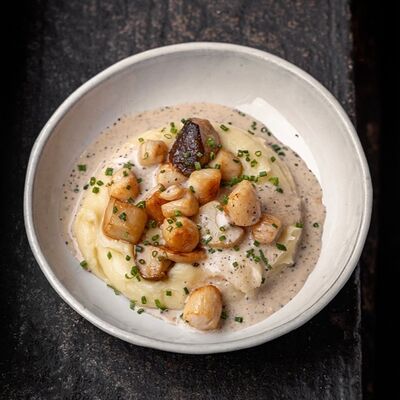 Гребешки, картофельное пюре и белые грибы в Техникум по цене 1190 ₽