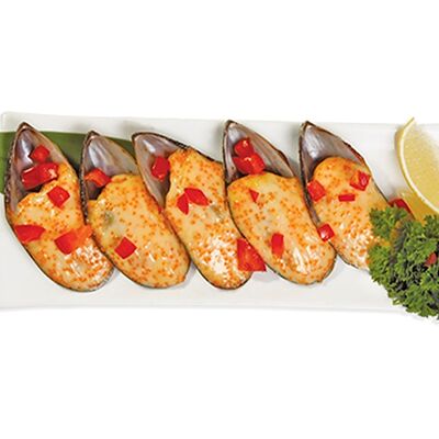 Мидии киви, запеченные с икрой тобико в Мидийная по цене 760 ₽