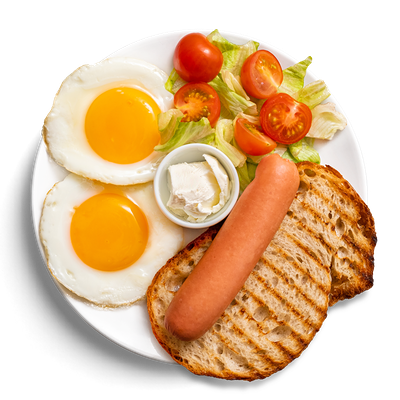 Завтрак с молочной сосиской, салатом и творожным сыром в Кухня на районе по цене 335 ₽