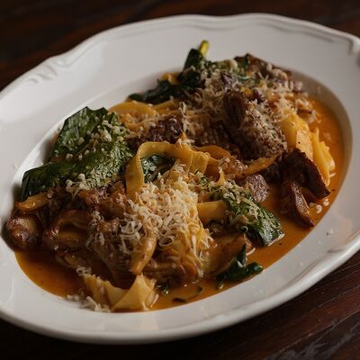 Фетучини с жареной телятиной и соусом на основе Демигляс в Harvey & Monica по цене 950 ₽