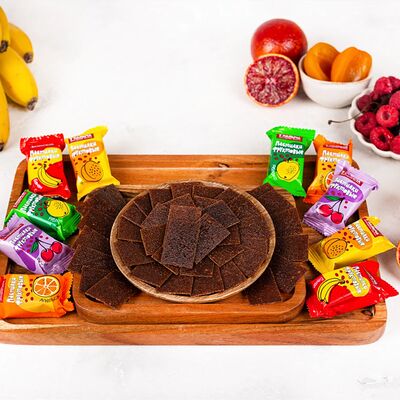 Фруктовые пастилки без добавления сахара с яблоком со вкусом малины, апельсина, банана, вишни, абрикоса в У Палыча. С пылу, с жару! по цене 1051 ₽