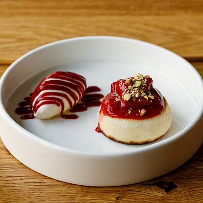 Сырник с банановым кремом и клубничным компоте в Pasta Salsa Osteria по цене 530 ₽