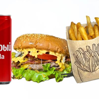 Гамбургер, картофель фри, Добрый Кола в Горячо и вкусно по цене 769 ₽