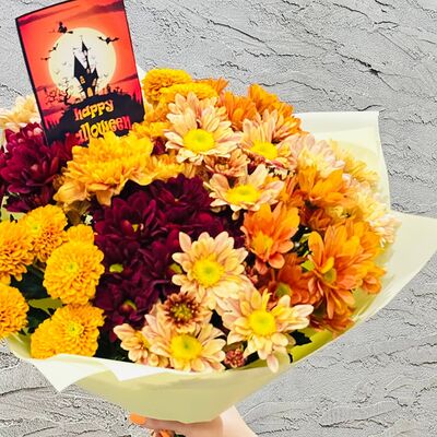 Букет цветов разноцветной хризантемы на Хэллоуин Halloween в Дарите красиво по цене 4890 ₽