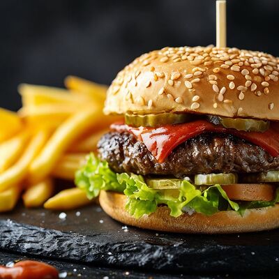 Бургер из рубленой говядиныв Мимино restaurant по цене 970 ₽