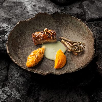 Согажа из печени косули, гедзе с грибами, папоротником и бамбуком, жареный папоротник, сливочный соус со щавелем и лемонграссом в Tunguska по цене 598 ₽