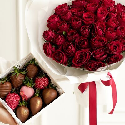 Набор клубники в шоколаде и букет из 35 красных роз Кения №55 в SOK - клубника в шоколаде по цене 5990 ₽