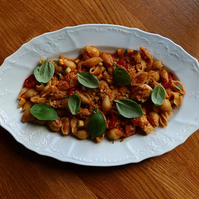 Паста с креветками и кабачком с соусе арабьята в Lucky Duck по цене 890 ₽