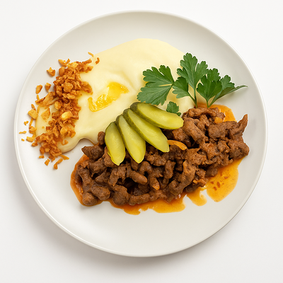 Бефстроганов из говядины с картофельным пюре в Verona по цене 819 ₽