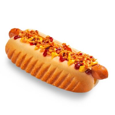 Датский хот-дог с луком фри и огурчиком в Lava Pizza по цене 250 ₽