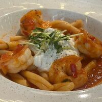 Паста помодоро с креветками и страчателлой в Only Wine