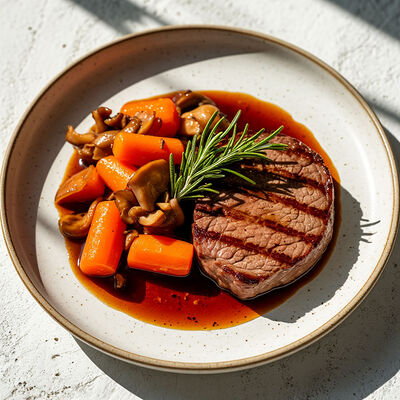 Стейк из свиной шеи с вешенками и мини-морк. в соусе Терияки в Банхоф по цене 755 ₽