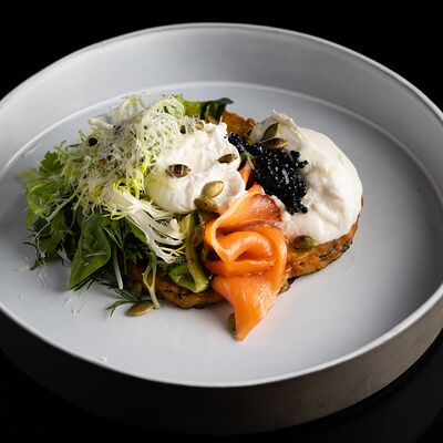 Оладьи из цукини с копченой семгой и икрой палтуса в Первый по цене 840 ₽