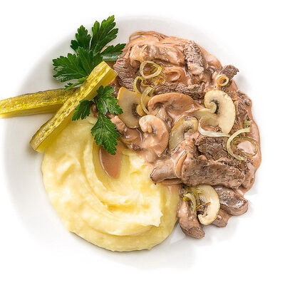 Бефстроганов с пюре в Перчини на огне по цене 630