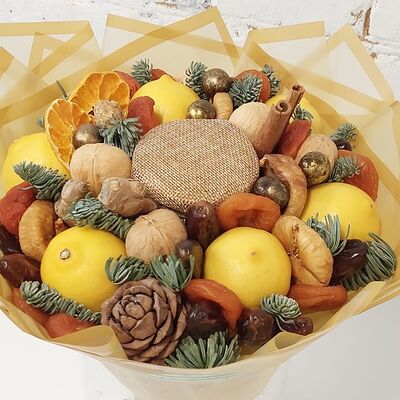 Зимний букет с медом, лимоном, имбирем и сухофруктами в Buketonline - Съедобные букеты и клубника в шоколаде по цене 3850 ₽