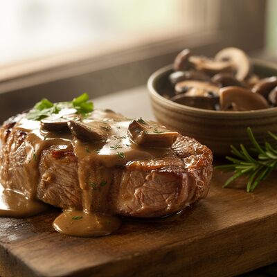 Стейк из свинины с грибным соусом в Фабрика-кухня ex. The Black Door по цене 28 р.