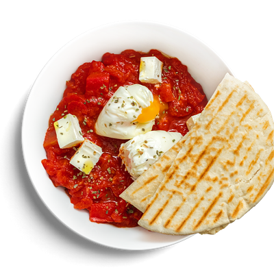 Шакшука с яйцами пашот и питой в Кухня на районе по цене 399 ₽