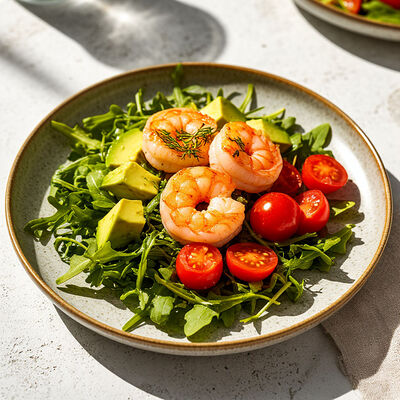 Салат с тигровой креветкой, рукколой, авокадо и томатами в Банхоф по цене 699 ₽