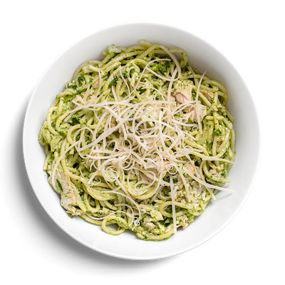 Спагетти с куриной грудкой, шпинатом и сливками в Кухня на районе по цене 329 ₽