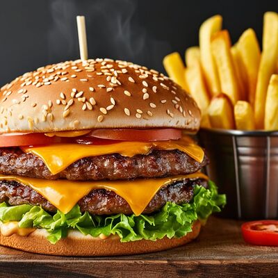 Бургер Двойной Гранд Де-Люкс с картошкой фри в Corn dog dagestan по цене 790 ₽