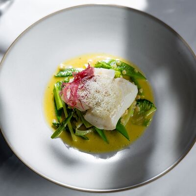 Филе палтуса с птитимом и зелеными овощами с соусом Бер Монте и пеной из фенхеля в МОМО по цене 3050 ₽