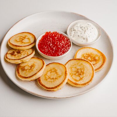 Икра лососевая с домашней сметаной и пшеничными оладьями в Круча по цене 1550 ₽