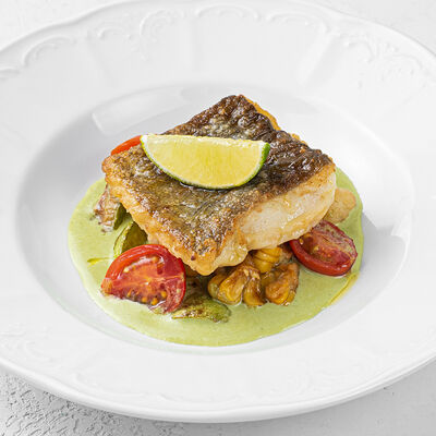 Мурманская треска с овощами и зелёным карри в Волга-Волга по цене 1190 ₽